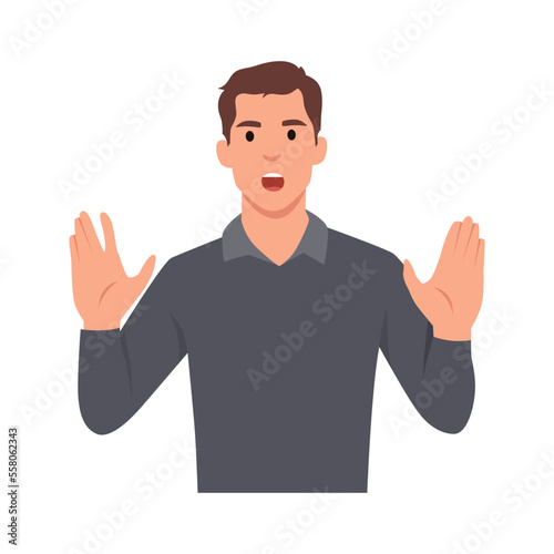Young man bothered making or showing stop gesture sign with hand, saying no. Shocked person warning signal with palm of the hand. Flat vector illustration isolated on white background
