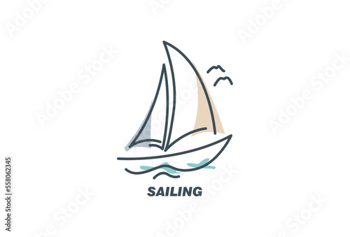 Simple Sailboat dhow boat ship on Sea Ocean Wave with line art style logo design