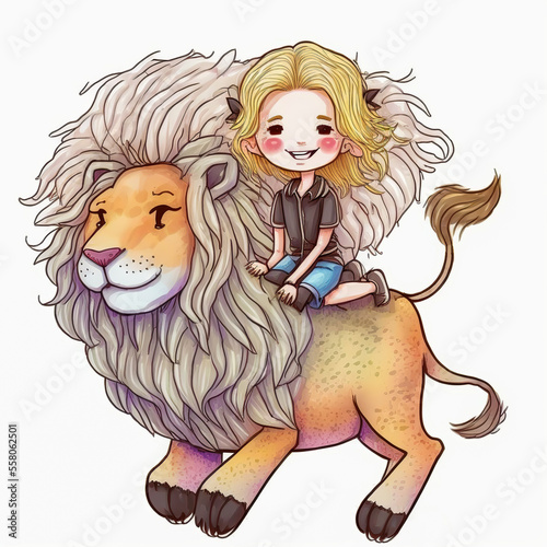 An adorable illustration showing a little girl holding a cute lion. Ideal to take up the idea of friendship between children and wild animals on a white background. photo