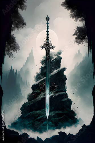 Mythical Excalibur great sword stuck in the rock. AI-generated illustration