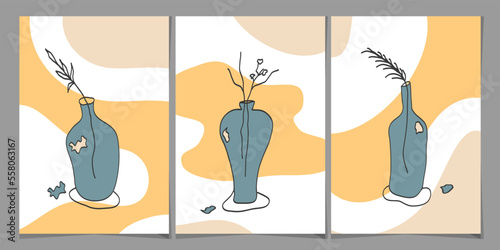 Set of abstract illustrations of jug or earthenware in pastel color. Suitable for poster print, postcards, or social media. Vector illustration. 