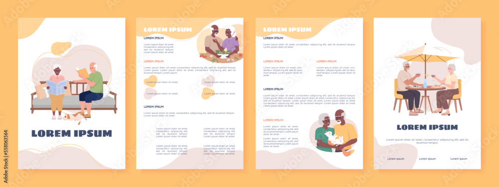 Older couple flat vector brochure template. Booklet, leaflet printable flat color designs. Editable magazine page, reports kit with text space. Sigmar One, Balsamiq Sans, Comfortaa fonts used