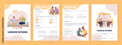 Older couple flat vector brochure template. Booklet, leaflet printable flat color designs. Editable magazine page, reports kit with text space. Sigmar One, Balsamiq Sans, Comfortaa fonts used