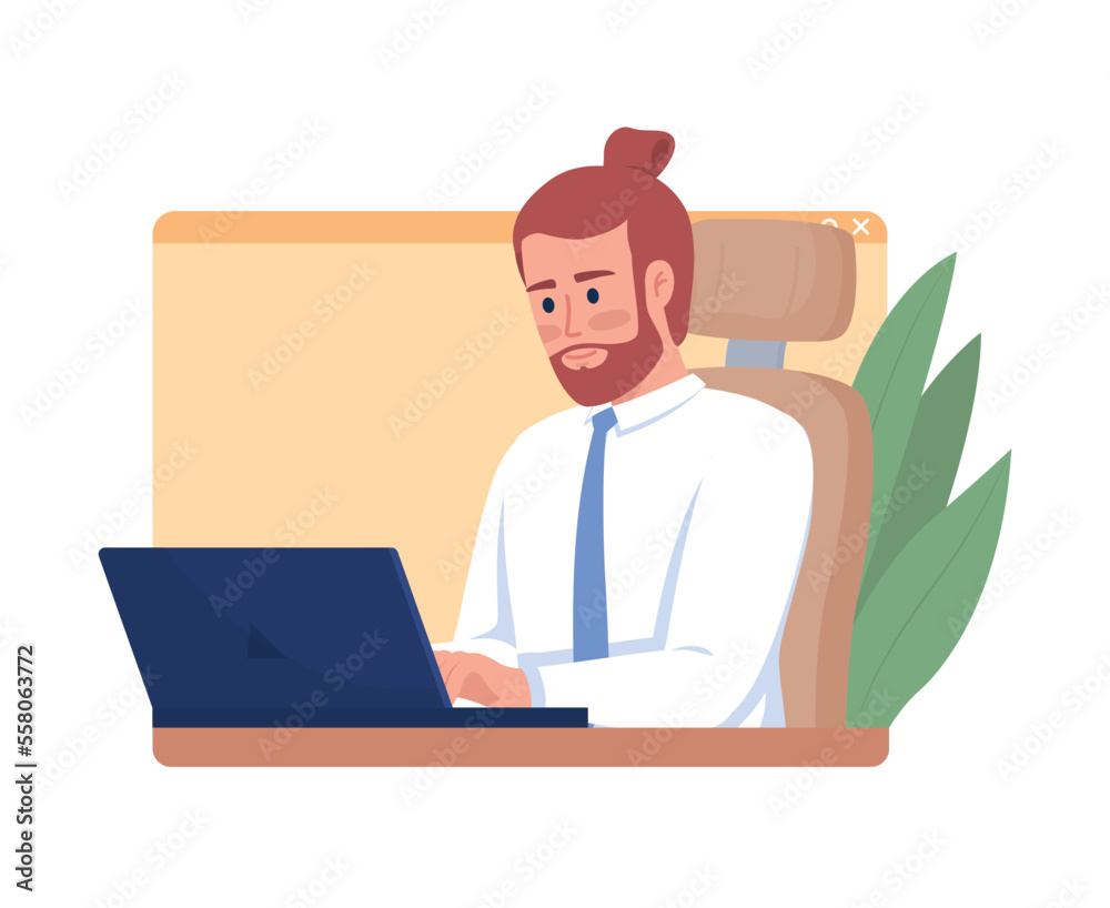 Male computer worker flat concept vector illustration. Office employee. Editable 2D cartoon character on white for web design. Professional creative idea for website, mobile, presentation Male computer worker flat concept vector illustration. Office employee. Editable 2D cartoon character on white for web design. Professional creative idea for website, mobile, presentation