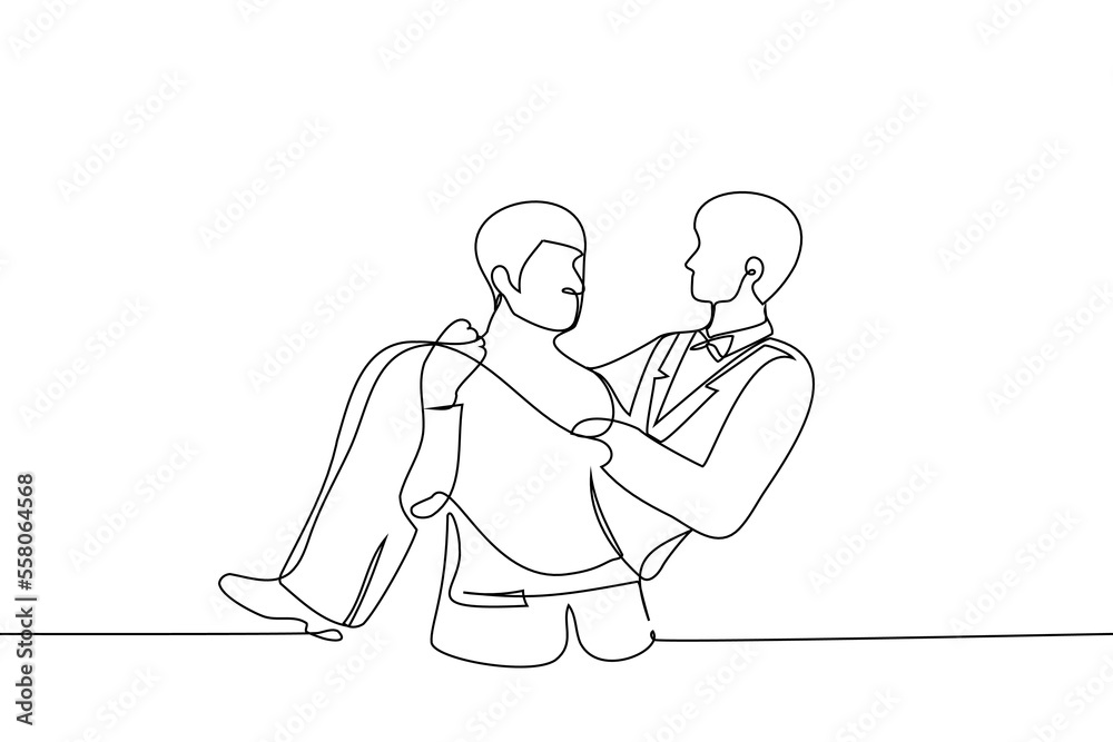 man in a jacket holding another man as a bride - one line drawing vector. the concept gay couple, grooms at the wedding