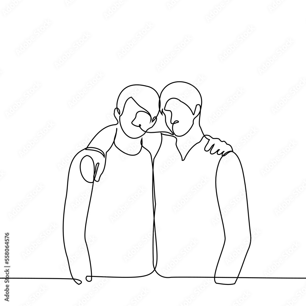 two buddies are standing side by side and hugging posing for a photo