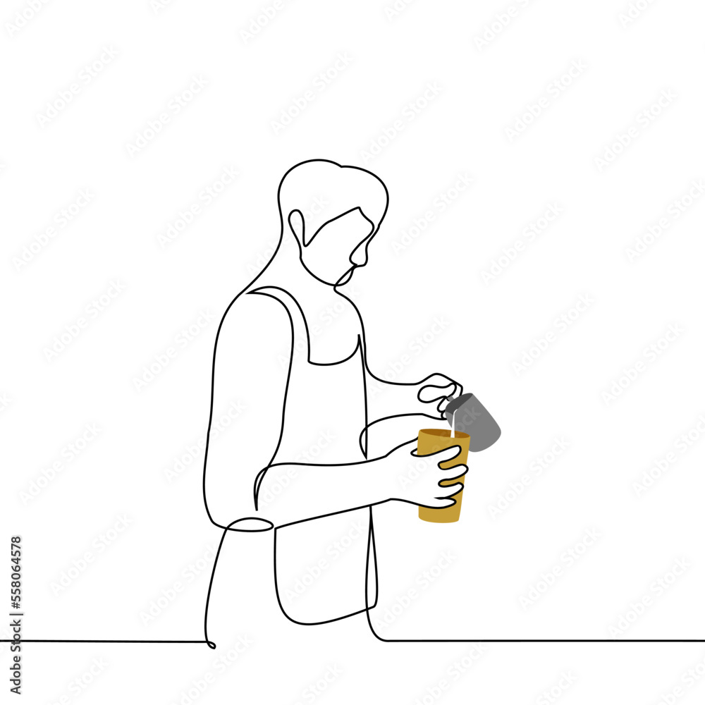 male barista pouring milk into a glass for coffee to go - one line drawing vector. the concept of making coffee in a coffeeshop male barista pouring milk into a glass for coffee to go - one line drawing vector. the concept of making coffee in a coffeeshop