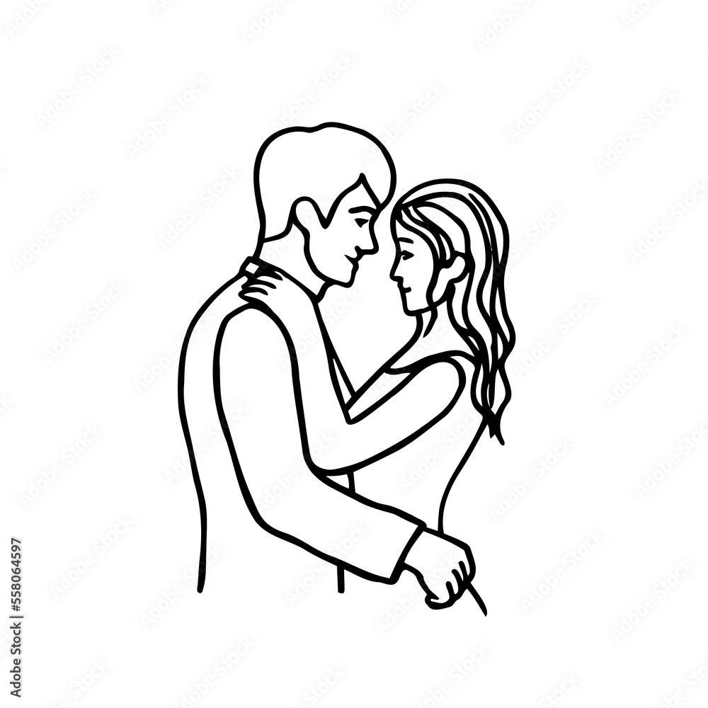 Man and woman stand hugging facing each other and smiling - hand drawn vector illustration. Doodle Near kiss Man and woman stand hugging facing each other and smiling - hand drawn vector illustration. Doodle Near kiss
