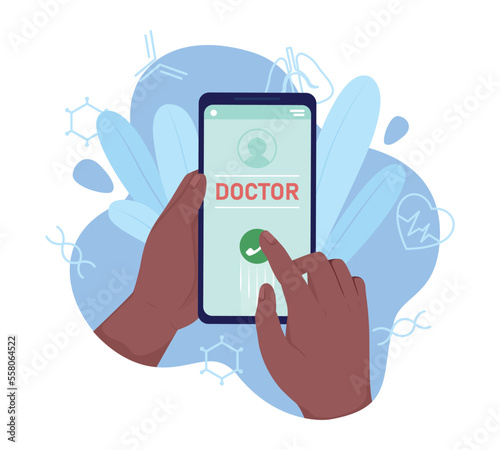 Calling doctor flat concept vector illustration. Editable 2D cartoon objects on white for web design. Therapist help creative idea for website, mobile, presentation. Bahnschrift font used