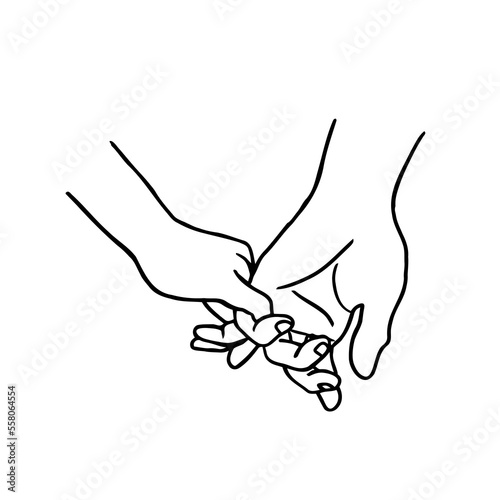 male and female hands holding little fingers - hand drawn doodle drawing. connection of lovers through the little finger