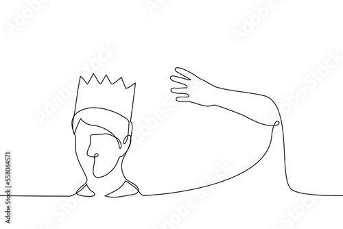 man sits in a crown and someone's hand reaches for crown - one line drawing vector. concept of envy of other people's successes, meanness, theft, betraying