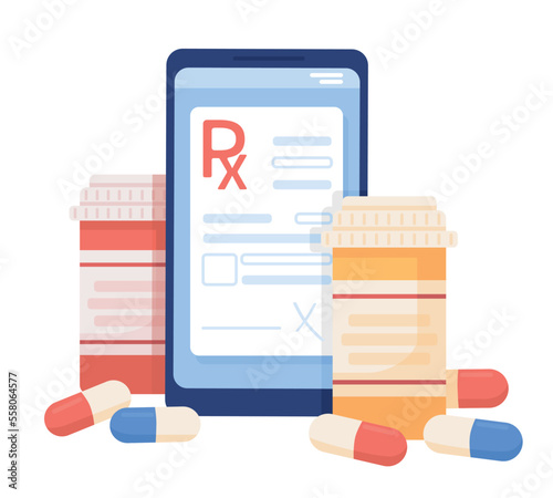 Online prescription semi flat color vector objects. Editable items. Full size element on white. Medicine pills. Telemedicine simple cartoon style illustration for web graphic design and animation