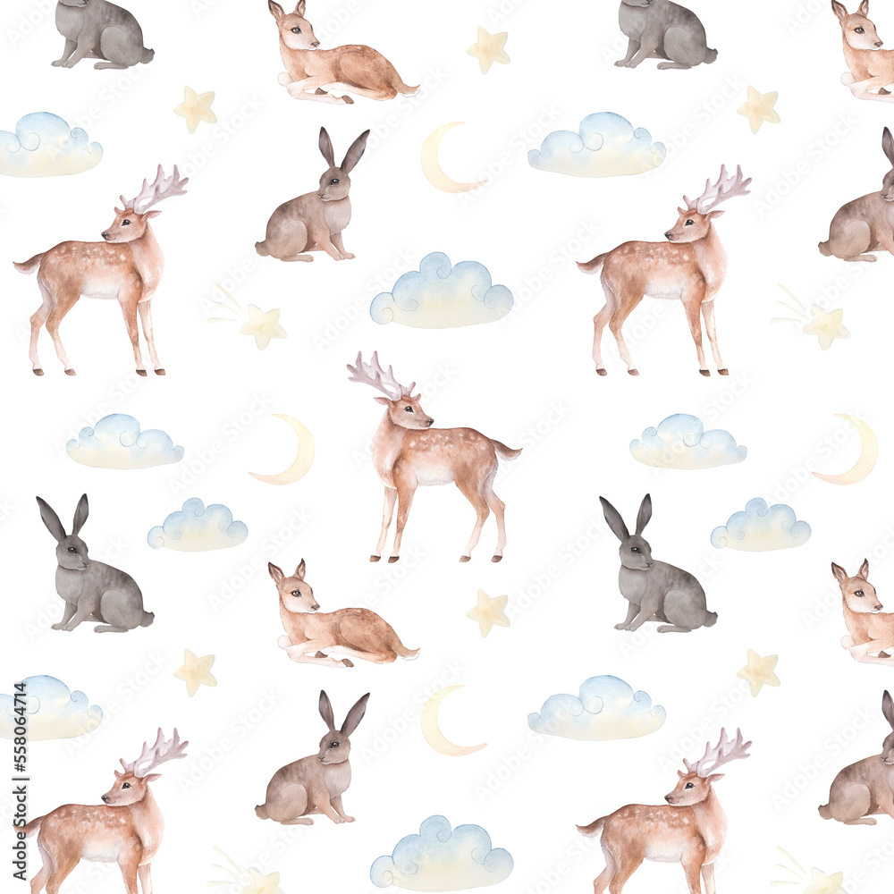 Watercolor seamless pattern with cartoon deer, hares and moon, clouds, stars on a white background