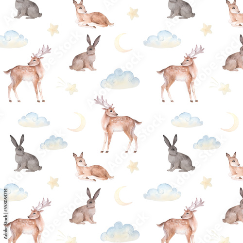Watercolor seamless pattern with cartoon deer, hares and moon, clouds, stars on a white background © dakora