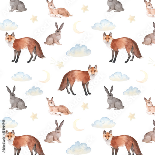 Watercolor seamless pattern with cartoon fox, hares and moon, clouds, stars on a white background © dakora