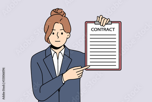 Serious young businesswoman in suit point at paper contract. Strict female boss or CEO demonstrate work agreement or paperwork. Vector illustration. 