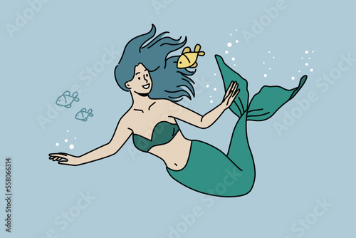 Young mermaid swimming underwater with gold fish. Smiling water nymph in sea or ocean. Marine life. Vector illustration. 
