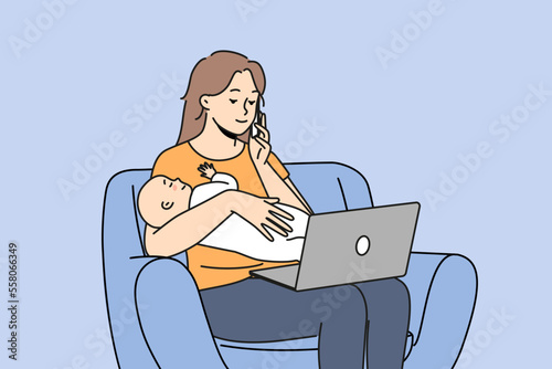 Young mother with newborn baby work on computer at home online. Busy mom with infant child multitask working remote talking on cell. Vector illustration. 
