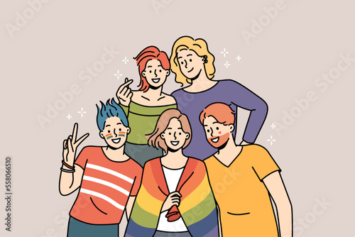 Smiling people with LGBT flag posing together showing unity and support. Happy homosexual men and women pose on pride parade. Vector illustration. 