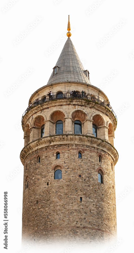 Galata Tower, Istanbul, Turkey (Turkiye). Best observation desk in Istanbul in summer day. Vertical detailed panorama. Travel and historical concept. Isolated, white background, graduared fog