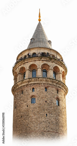 Galata Tower, Istanbul, Turkey (Turkiye). Best observation desk in Istanbul in summer day. Vertical detailed panorama. Travel and historical concept. Isolated, white background, graduared fog photo