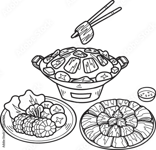 Hand Drawn Moo Kra Ta Grilled pork or Thai food illustration