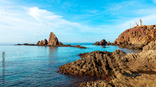 Costline of Cabo de Gata, Nijar, national park in Spain, mediterreanean sea with rock formation,  costa tropical- Gata cape photo