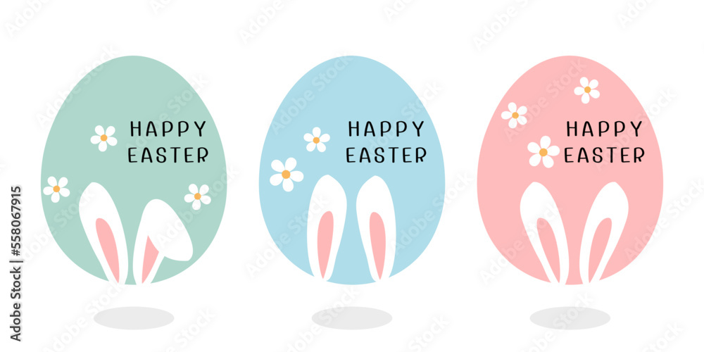 Easter eggs set with bunny rabbit ears and hand written fonts on white background vector illustration.