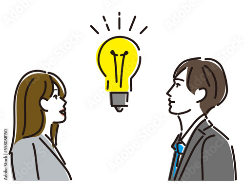 会社員　電球　横顔　男女　二人　　ビジネスパーソン　ビジネスマン　
