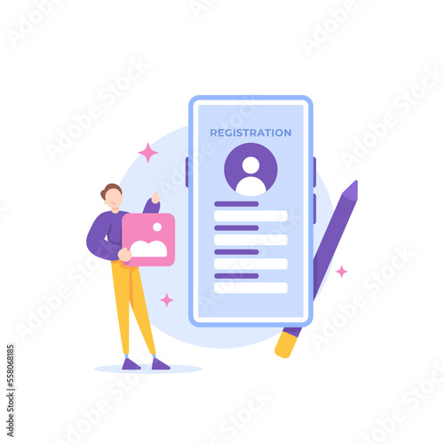 online registration, fill in personal data, complete profile data information. a user or registrant tries to fill out a registration form on a smartphone. sign up. illustration concept design. graphic photo