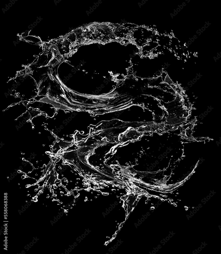 Pure Water splash isolated on black background. Royalty high-quality free  stock photo image of overlays realistic Clear water splash, Hydro  explosion, aqua dynamic motion element spray droplets Stock Photo
