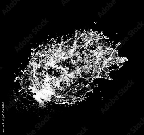 Pure Water splash isolated on black background. Royalty high-quality free stock photo image of overlays realistic Clear water splash, Hydro explosion, aqua dynamic motion element spray droplets