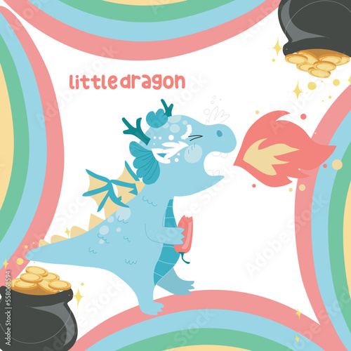 Cute little dragon flashcard on white background. Funny fantasy cartoon character. It’s for kids fashion artworks, children books, birthday invitations, greeting cards, posters. Vector file. 