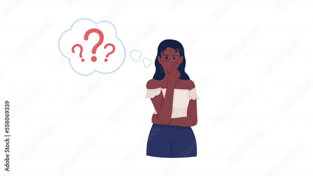 Animated confused lady. Embarrassed woman. Full body flat person on white background with alpha channel transparency. Colorful cartoon style HD video footage of character for animation