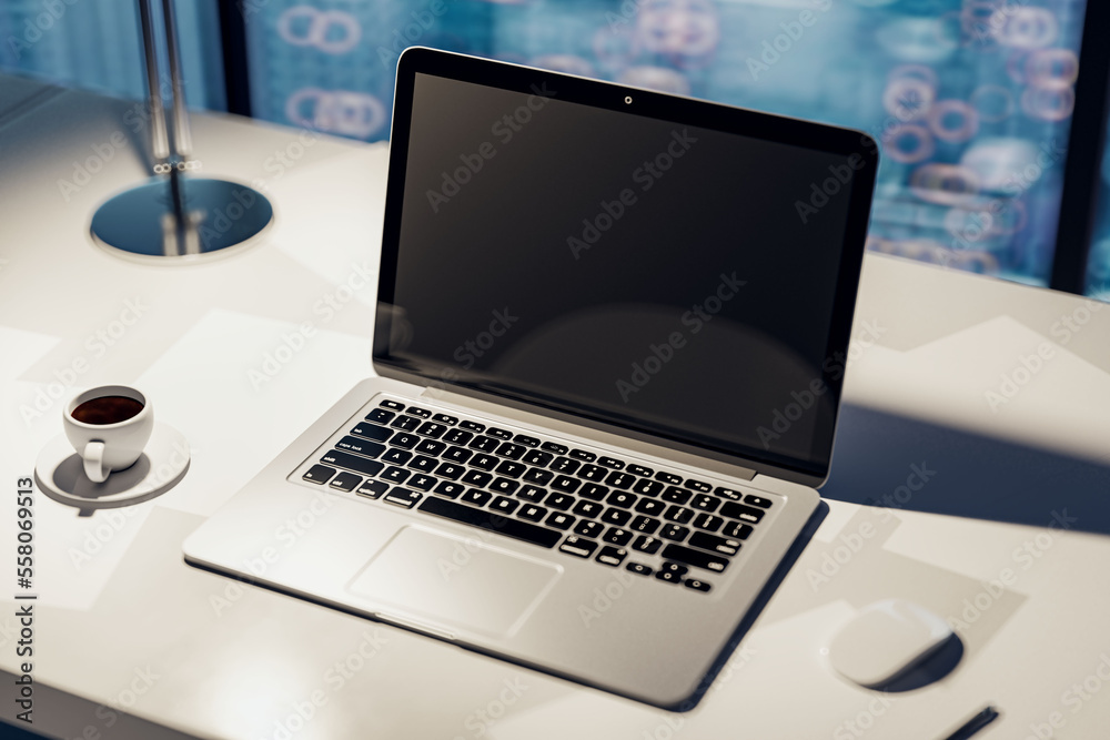 Perspective view on blank black modern laptop monitor with place for your logo or text on light work table with coffee cup and evening city view background, closeup. 3D rendering, mock up Perspective view on blank black modern laptop monitor with place for your logo or text on light work table with coffee cup and evening city view background, closeup. 3D rendering, mock up
