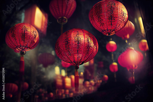 Red Chinese lanterns in the town, dark background, Chinese Lantern Festival, Chinese new year, Generative AI