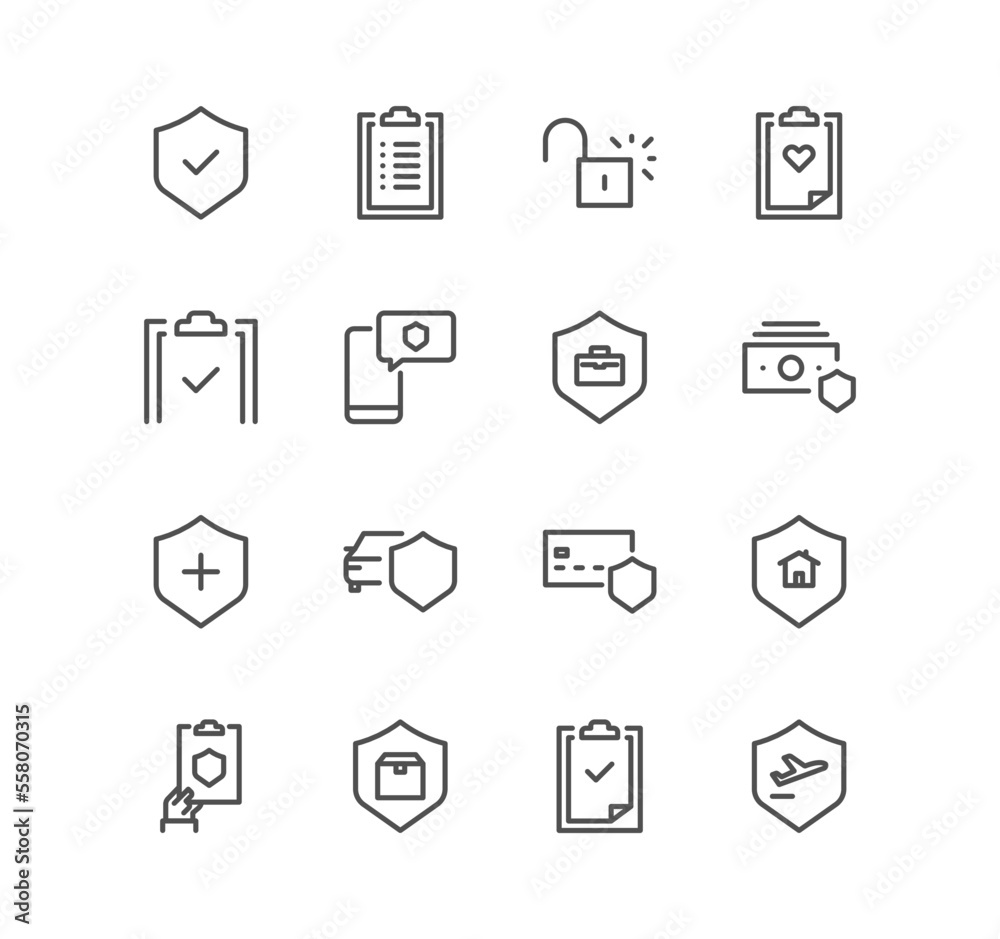 Set of insurance and related icons, car protection, analytic, health insurance, contract and variety vectors.