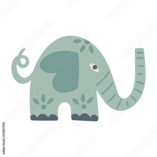 A cute decorated elephant toy with his trunk up. Childish animal cub character. Vector hand-drawn illustration.