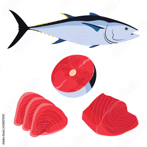 Tuna fish and tuna steaks. Cool vector illustration for print, web, menu or package. Seafood design element on tuna fish illustration in flat design. Fish icon