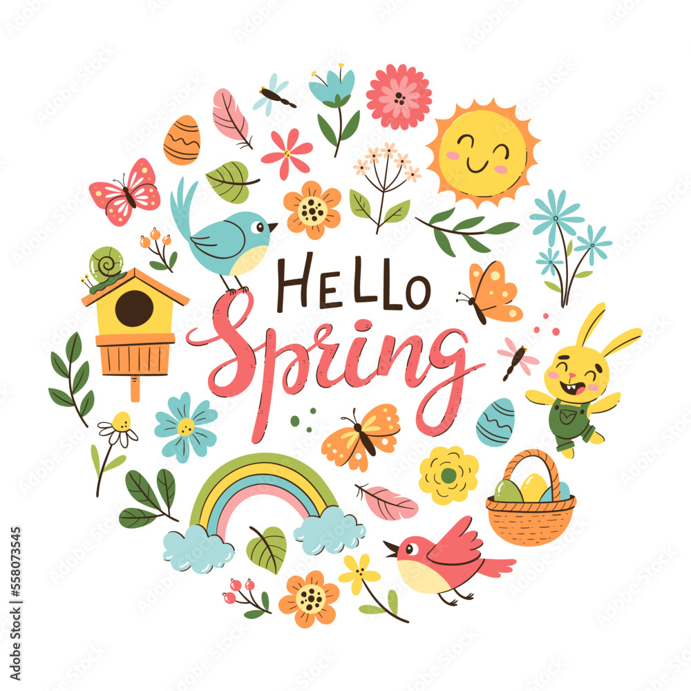 Hand drawn spring background with flowers, butterflies and seasonal objects. Colorful vector illustration with isolated elements.
