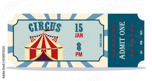 Vintage circus ticket template, old carnival entry tickets. Retro circus show invitation, amusement park entrance, admit one coupon. Vector circus luxury greeting card illustration.