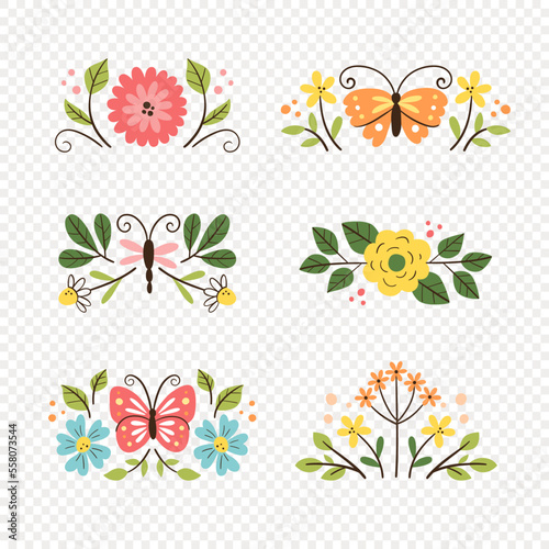 Spring decorative arrangements. Collection of cute dividers isolated on white background. Seasonal floral decoration. Vector illustration.