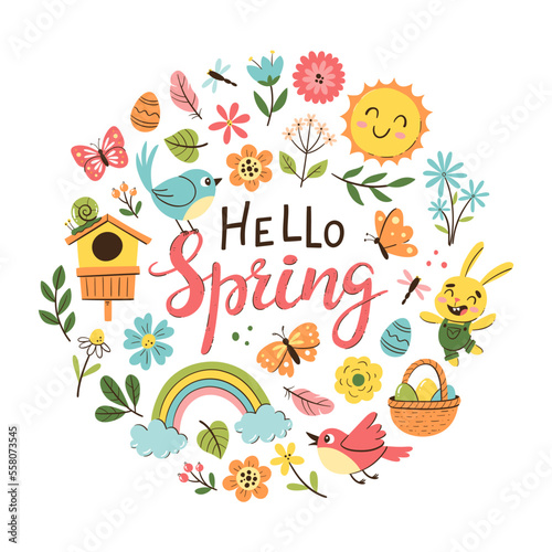 Hand drawn spring background with flowers  butterflies and seasonal objects. Colorful vector illustration with isolated elements.
