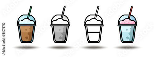 Vector icon illustration. Colorful frappe coffee in gray, color and blakc and white. Isolated on white background.
