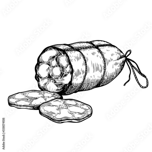 Sliced sausage in vintage style. Hand drawn sketch style butchery product. Best for package and market advertising design. Vector illustrations isolated on white background.