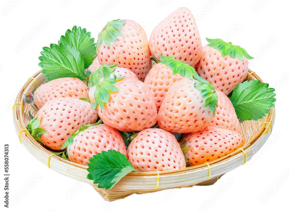 Fresh pink snow strawberry in wooden plate isolated on white background, White and Pink snow Strawberries on White PNG File. Fresh pink snow strawberry in wooden plate isolated on white background, White and Pink snow Strawberries on White PNG File.
