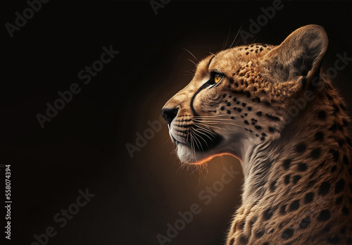 head profile closeup of spotted cheetah isolated on black background with copyspace area
