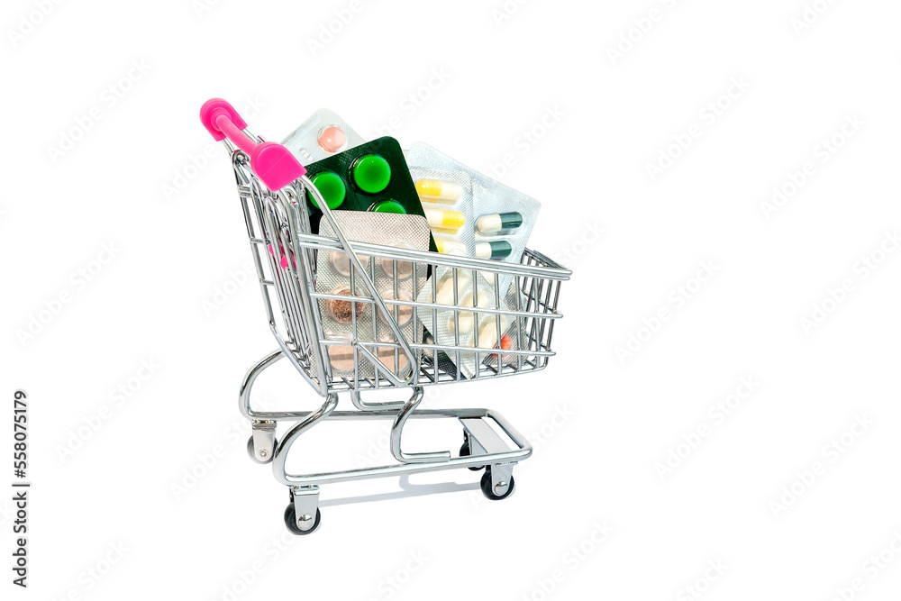 Shopping trolley on wheels filled with medical pills in a blister pack.Isolated on a white background.