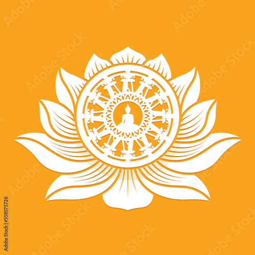 White Buddha meditated in dharmachakra wheel of dhamma with lotus petals around sign on yellow background vector design