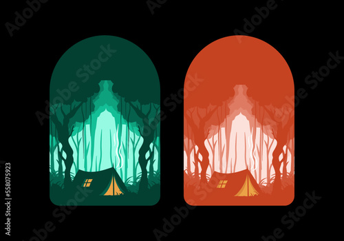 Colorful flat illustration of camping in the jungle